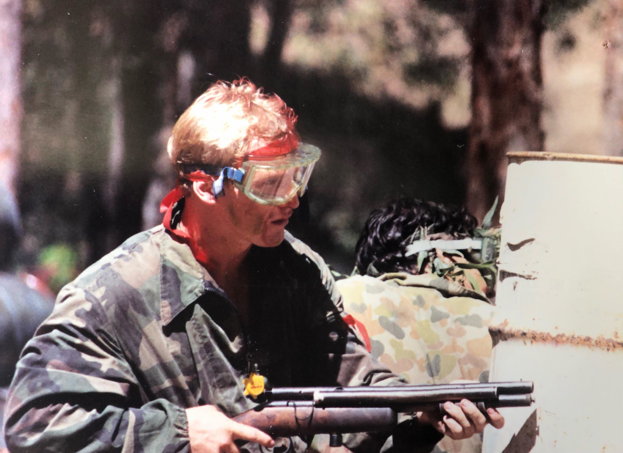 Kerrod Walters (Bronco) back in the 80's with a pump action paintball marker at Skirmish Gold Coast